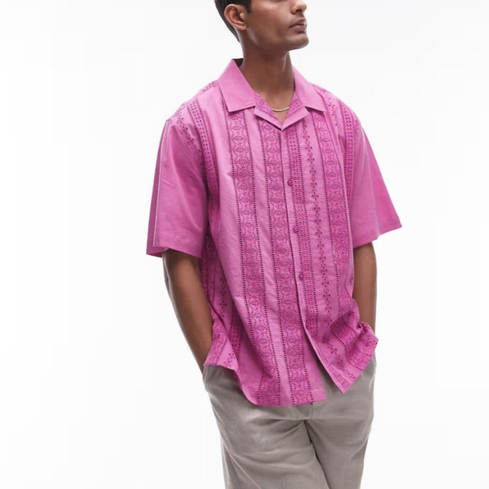 ASOS Topman short sleeve broderie holiday shirt in washed pink - resort wear XL